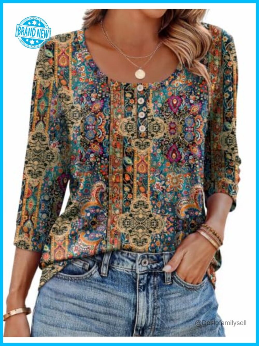 Women's 3/4 Sleeve Scoop Neck Tunic Blouse Casual Dressy Top